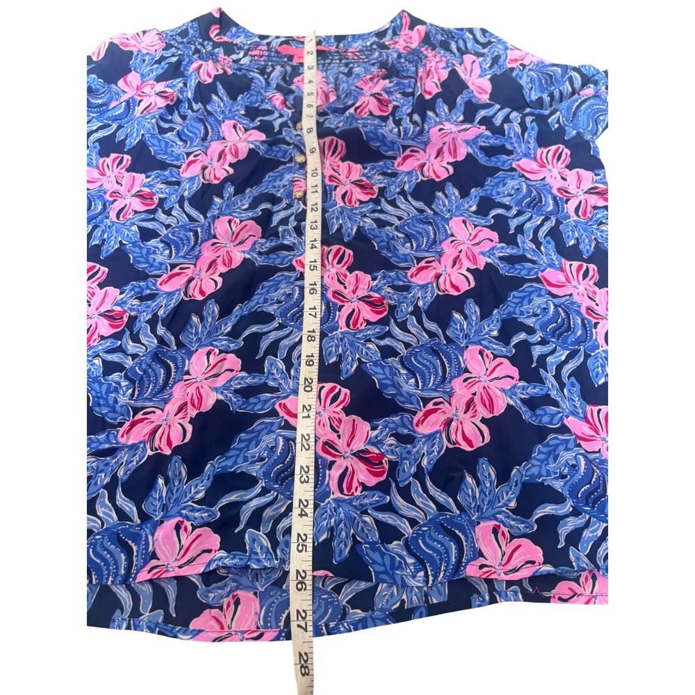 Lilly Pulitzer Elsa 100% Silk Blouse Top XXL Low Tide Navy Colorful Tropical - Picture 6 of 12